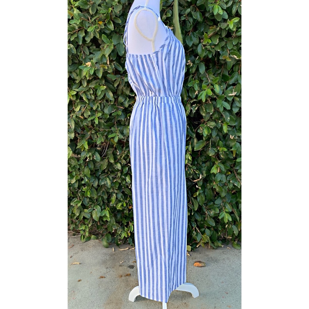 Wide Leg Linen Blue and White Striped Jumpsuit - Picture 2 of 6